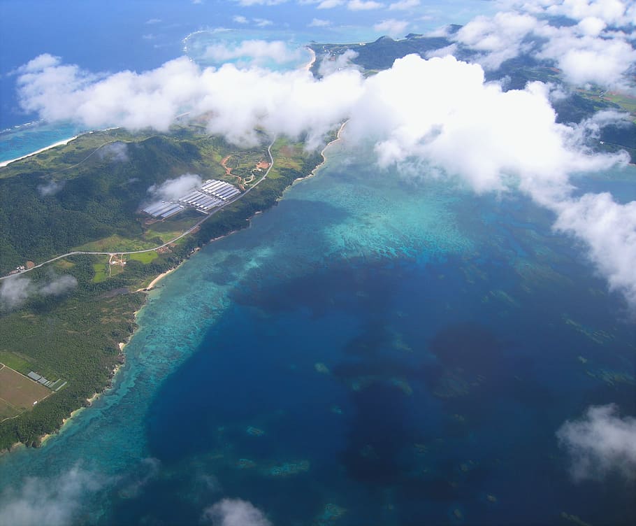 coral reefs, island, ishigaki island, ishigaki city, okinawa, pacific, aerial photograph, sea, sky, white
