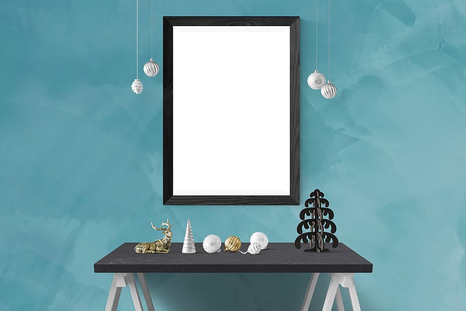 rectangular, wall mirror, black, wooden, frame, poster, wall, mockup, interior, mock