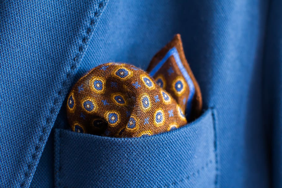 handkerchief, pocket, blue, brown, fabric, jacket, pattern, textile, close-up, jeans