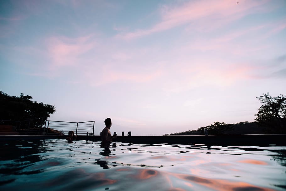 man, surrounded, water, daytime, silhouette, people, girl, couple, swimming, pool