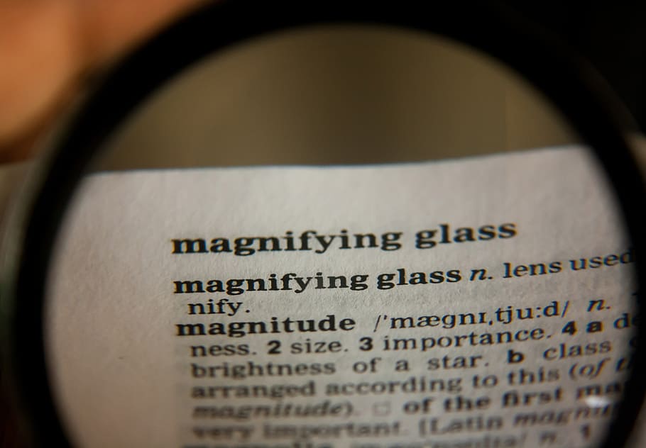 magnifying glass, word, definition, dictionary, text, page, book, reading, study, zoom