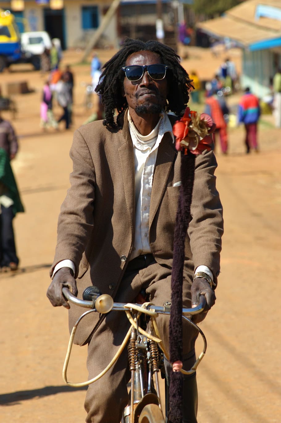 a real dreadlocks, bike event, the village's main street, people, men, bicycle, street, outdoors, cycling, city Life