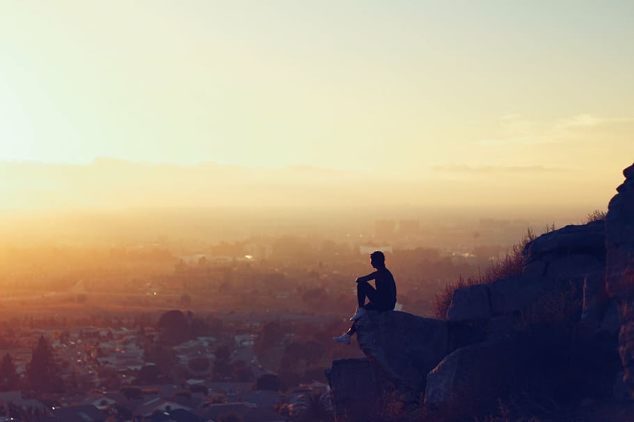 person, sitting, cliff, city, rock, view, panorama, top, high, female