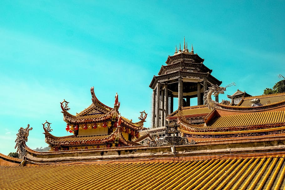 coklat pagoda beton, coklat, merah, naga, dirancang, bangunan, cyan, langit, siang hari, arsitektur
