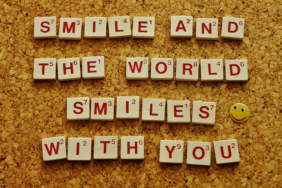 smile, world smiles, scrabble piece, saying, cheerful, good mood, happy, laugh, joy, day