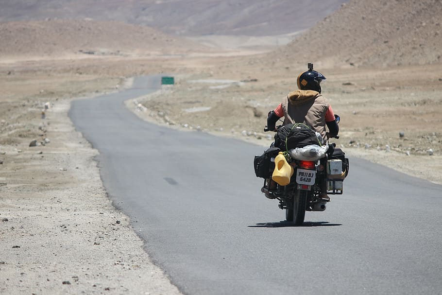 person, driving, motorcycle, road, rider, himalyan, bullet, blue, leh, ladakh