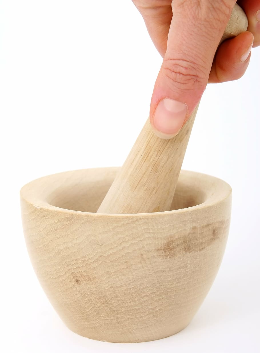person, holding, mortar, pestle, accessory, appliance, chef, cook, cookery, cooking