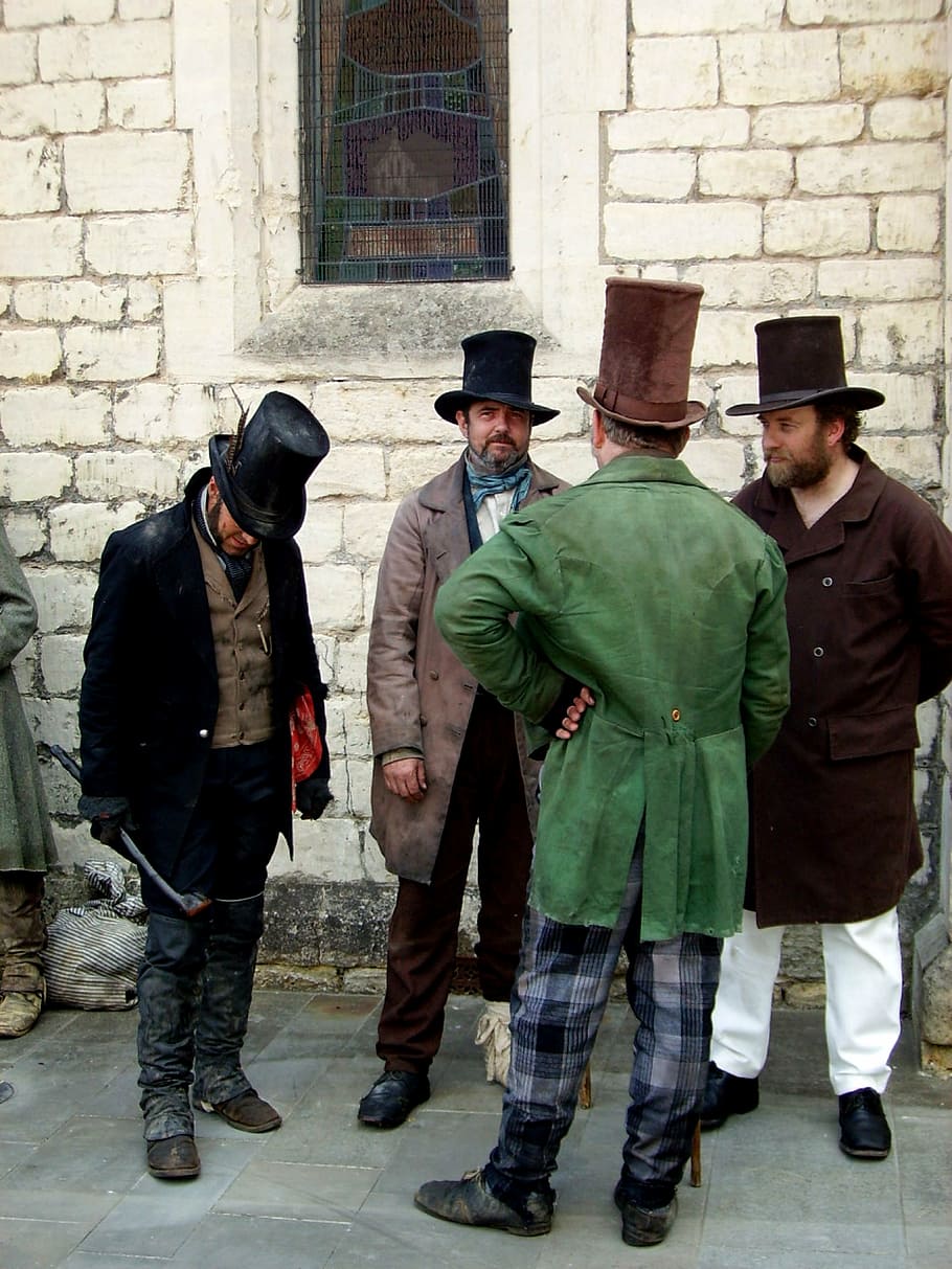 empat, laki-laki, mengenakan, mantel, orang-orang, dermaga, pelabuhan, victoria, model tahun, steam punk