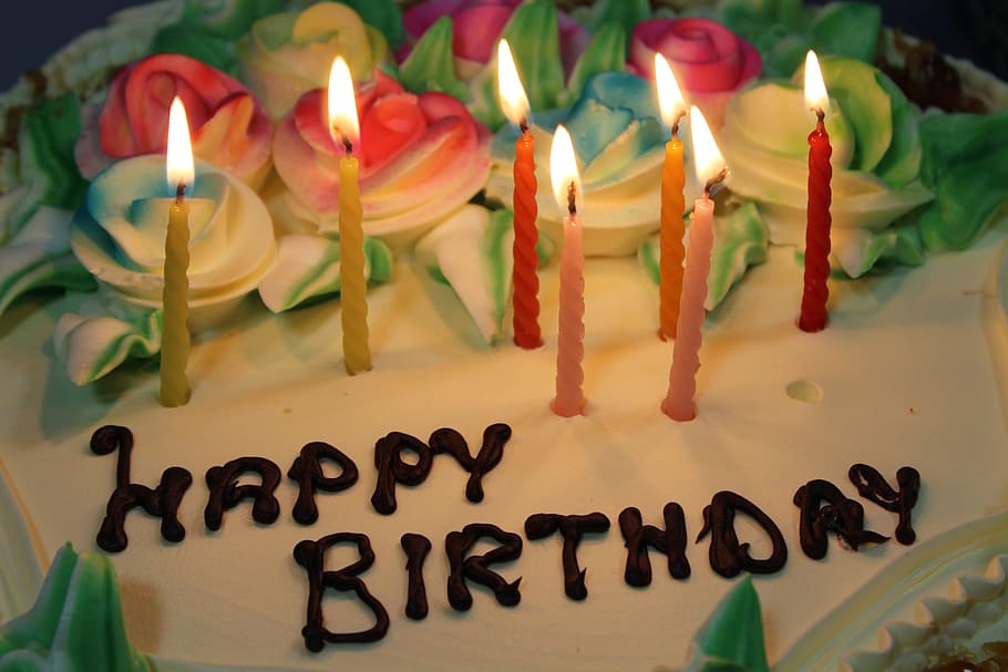 Birthday, Cake, Candles, Sweet, Flowers, birthday, cake, fire, happiness, happy, dessert