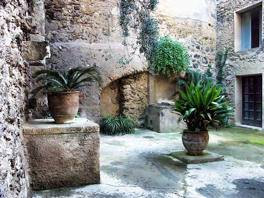 italy, ischia, castello aragonese, passage, stone, wall, plant pots, impressions, mood, architecture