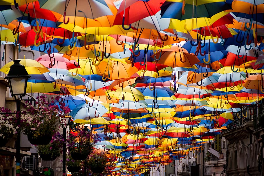 umbrellas, colors, street, culture, tourist, urban, multi colored, hanging, decoration, large group of objects