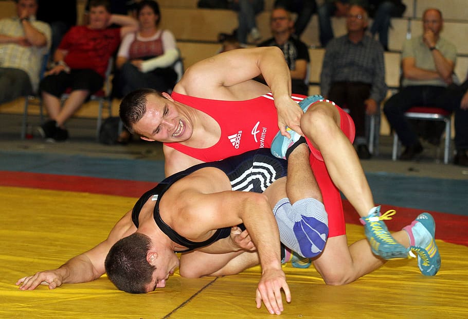 two, playing, grappling, Men, Wrestling, Competition, Sports, court, grasp, fans