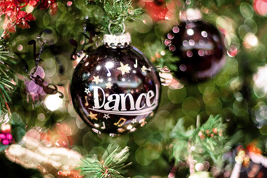 black, bauble, dance text, christmas, decoration, ornament, holiday, christmas tree, x-mas, tree lights