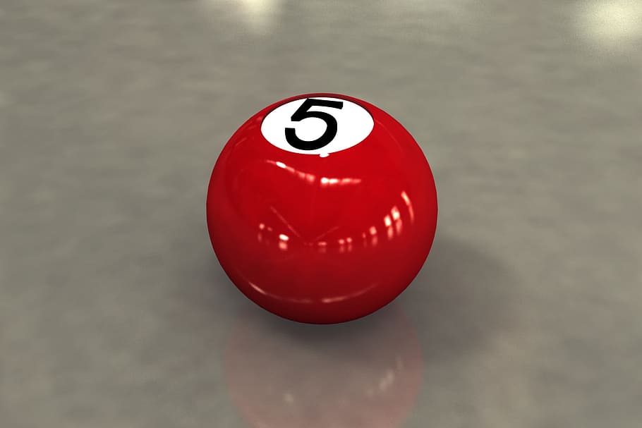 ball 5, billiards, sphere, 3d, red, sport, pool ball, ball, table, pool - cue sport