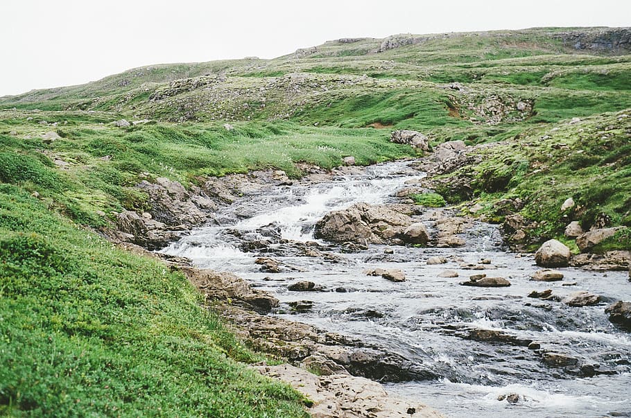 water, stream, rocks, grass, fields, hills, green, river, scenics - nature, beauty in nature