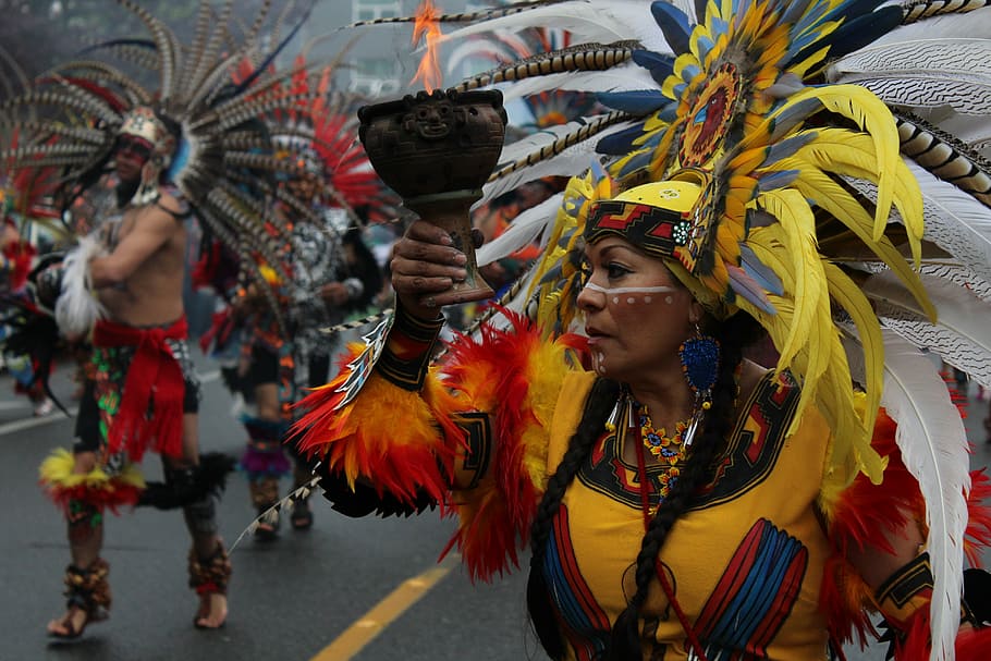 woman, yellow, orange, traditional, costume, parade, native, american, indian, tribal