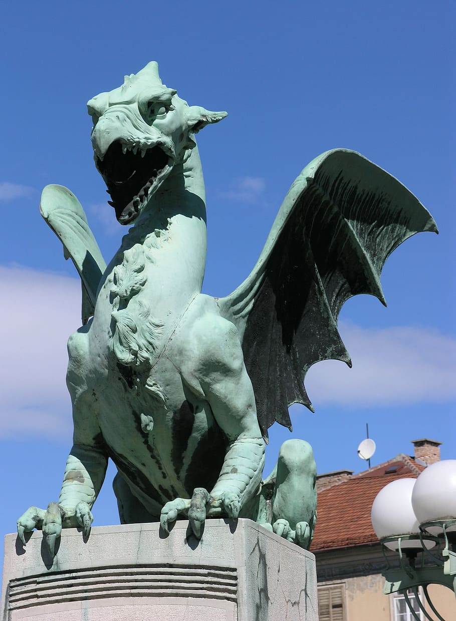 green dragon statue, dragon, bridge, sculpture, bronze, ljubljana, slovenia, statue, capital, europe