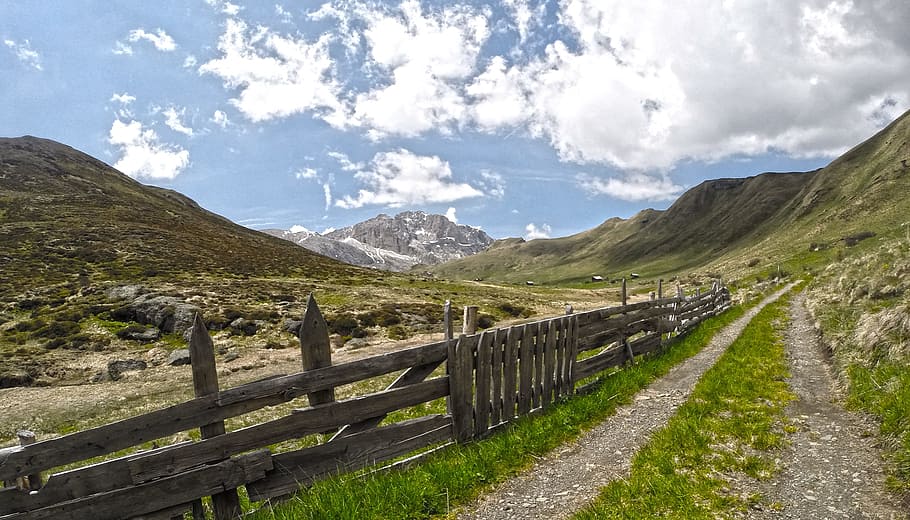 mountains, white, clouds, fence, sky, pathyway, landscape, scenery, nature, rural
