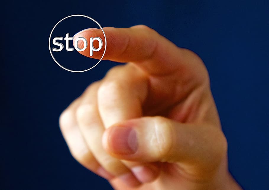 person, right hand, stop, text overlay, hand, finger, button, switch, containing, human hand