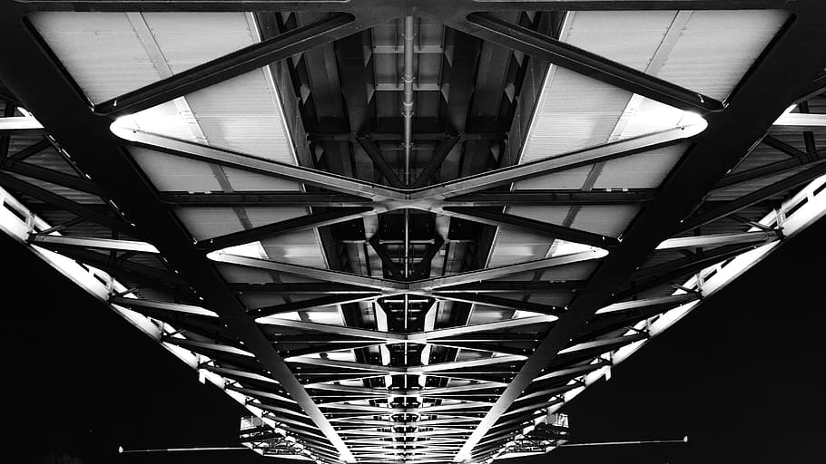 bridge, iron construction, symmetry, under the bridge, built structure, architecture, low angle view, connection, bridge - man made structure, metal