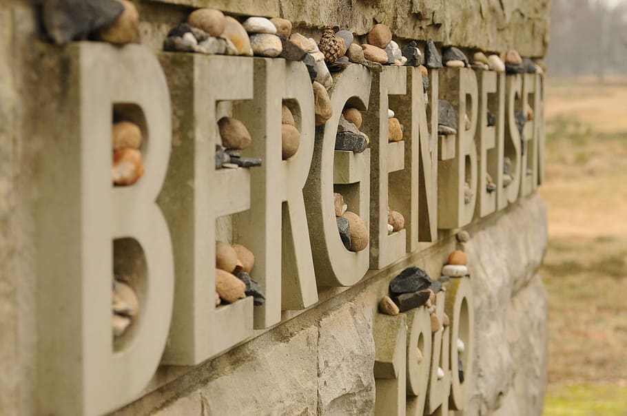 jewish genocide memorial, bergen beljen, bergenbelsen, selective focus, metal, old, safety, day, security, in a row
