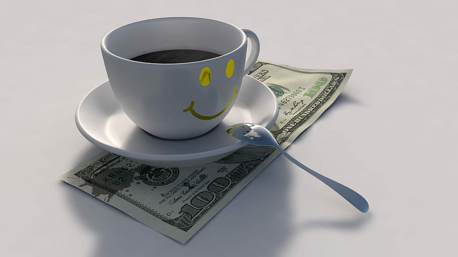white, ceramic, mug, top, banknote, coffee, cafe, cup, smile, smiley