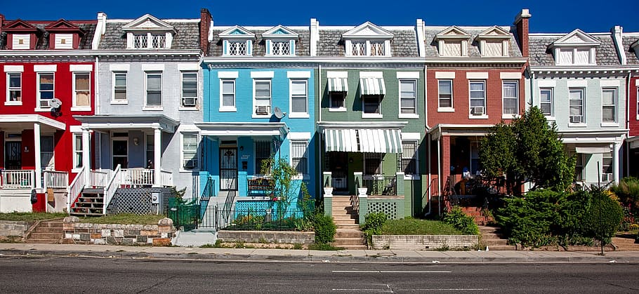 Blanco, rojo, gris, azul, pintado, edificios, Washington DC, c, ciudad, ciudades