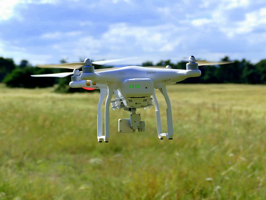 shallow, focus photo, white, dji, phantom, quadcopter drone, drone, aircraft, fly, flight
