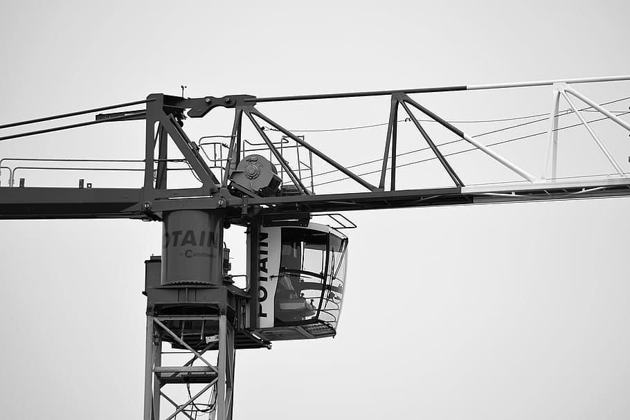empty metal crane, crane, work, site, gear, lifting, building, black and white, workers, working at height