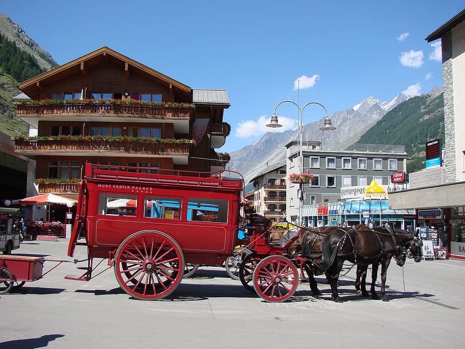 carriage, coach, mountains, switzerland, zermatt, red, horses, horsedrawn, alpine, swiss