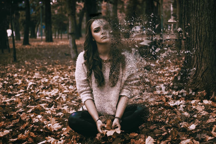woman, sitting, dried, leaf, sadness, depressed, girl, alone, depression, grief
