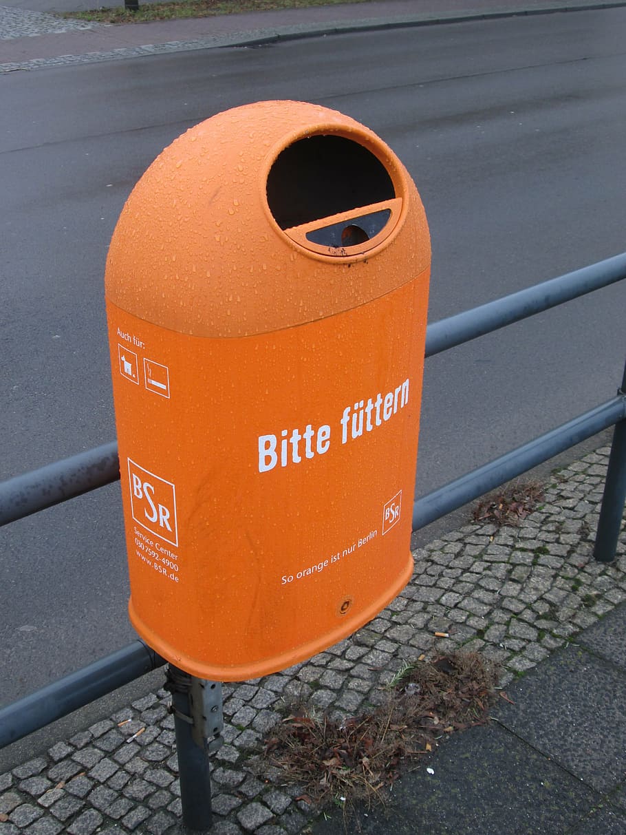recycle bin, waste container, waste disposal, environmental protection, communication, text, city, orange color, street, day