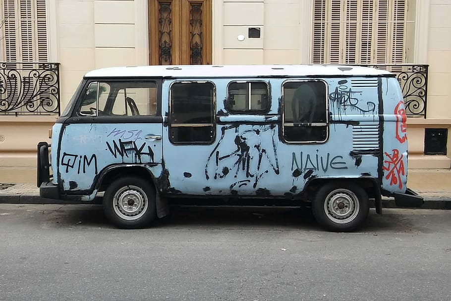 Volkswagen, Vw, Hippie Van, van, 60s cars, auto graffiti, transportation, mode of transport, land vehicle, street