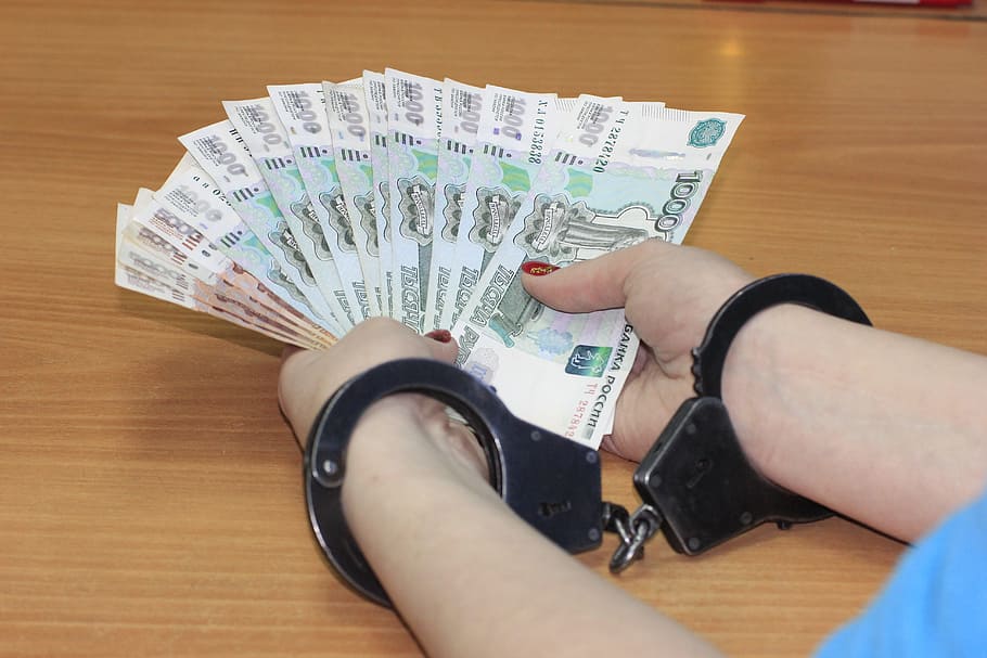 person, holding, fan, banknotes, hand cuffs, Handcuffs, Money, Corruption, Economy, bribe