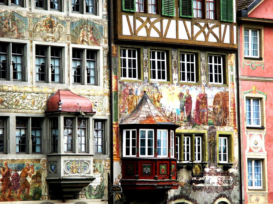 Fachada, casas, fassadenmalerien, ventana salediza, ventana, stein am rhein, schaffhausen, suiza, arquitectura, estructura construida