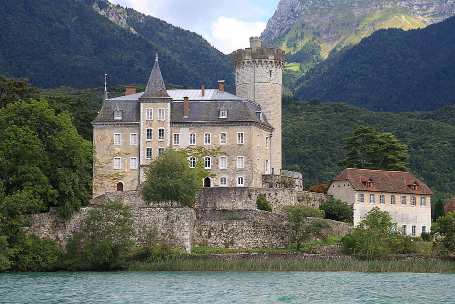 annecy, lake, annecy lake, house, water's edge, castle, building, water, sky, river