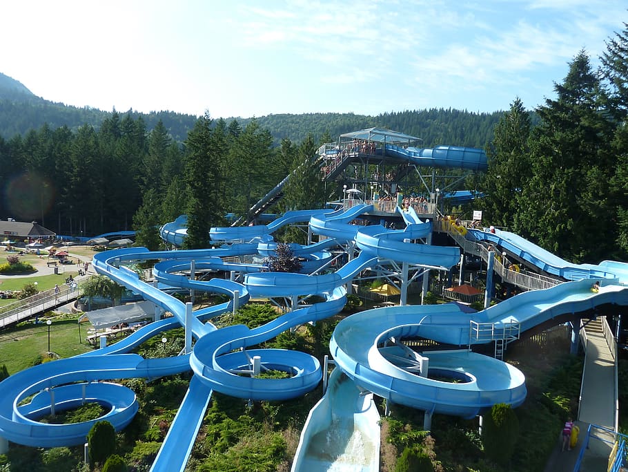 slip, water park, leisure, water fun, blue, pleasure, leisure pool, plant, tree, nature