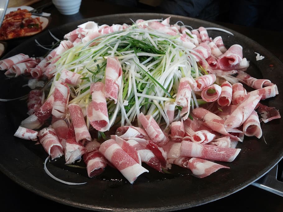bacon strips, cooking pan, bag pot stew, meat, broth, pot stew, korean food, republic of korea, bob, wave