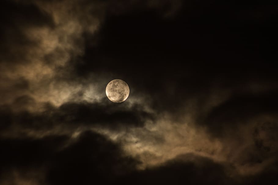 満月, 月, 囲まれた, 黒, 雲, 白, 曇り, 空, 暗い, 夜