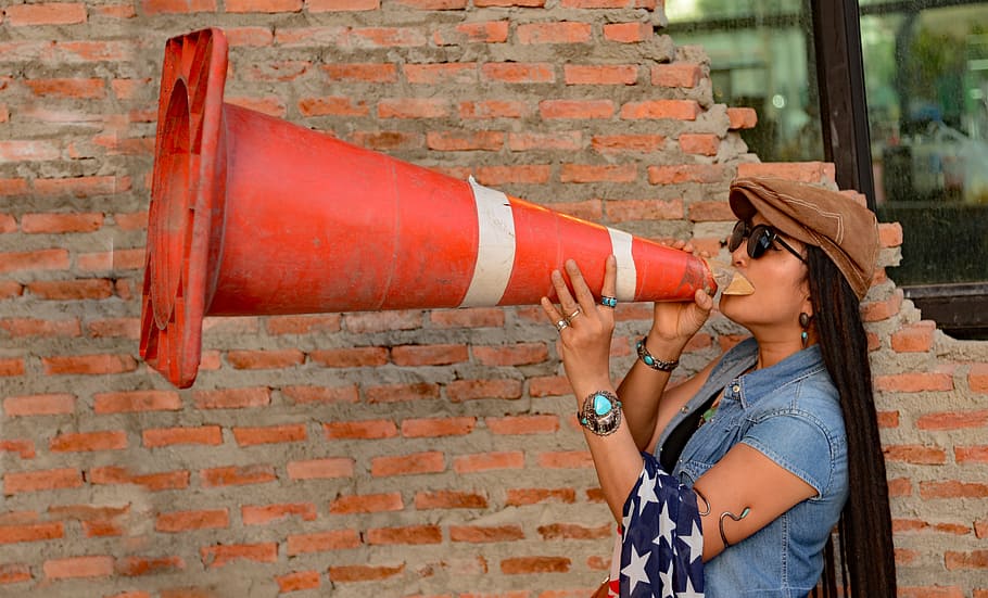 woman, blowing, red, traffic cone, Instructor, Megaphone, Bullhorn, loudhailer, people, outdoors