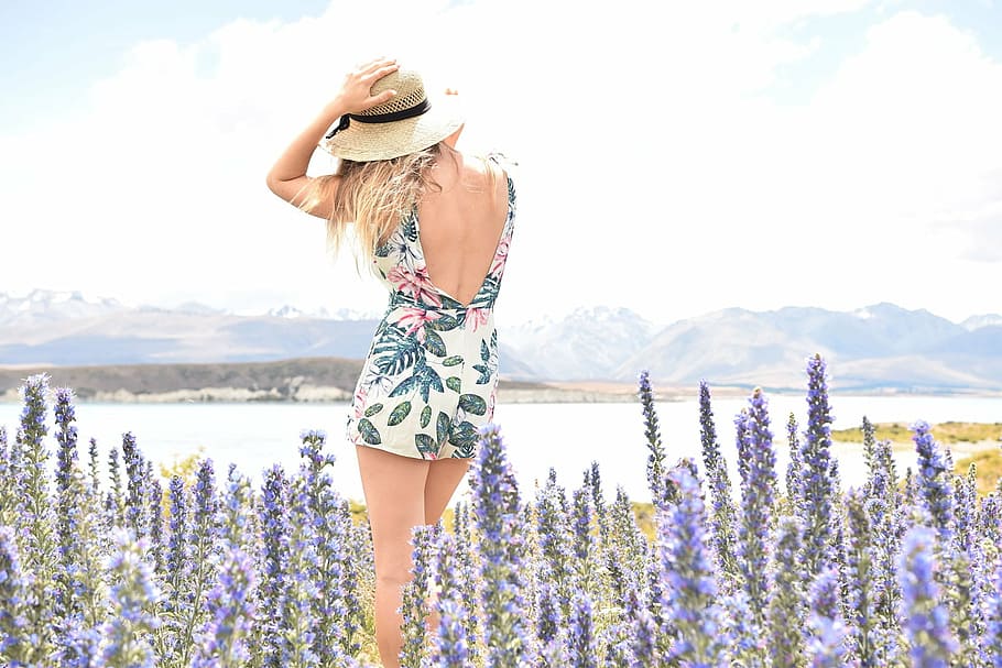 woman, wearing, floral, backless dress, surrounded, lavender, flowers, travel, women, view