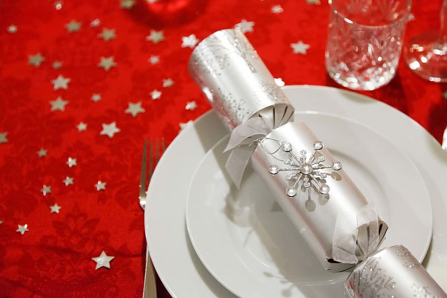 white, ceramic, saucer, plate, fork, Celebration, Christmas, Decoration, christmas, decoration, dining