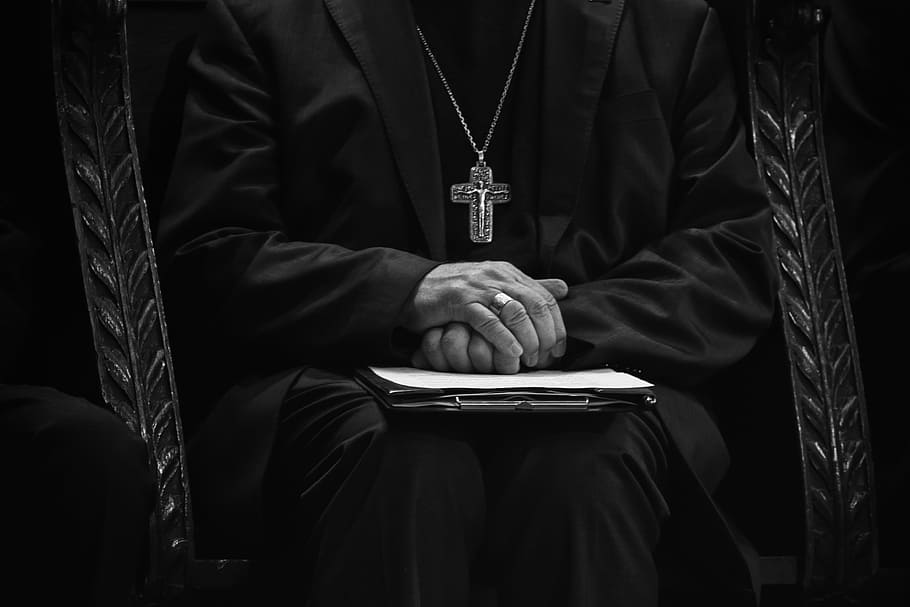 man, wearing, black, gold, cross, necklace, ready, vicar, church, religion
