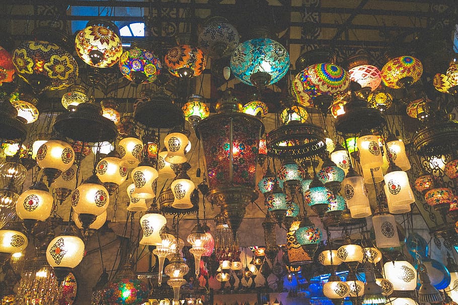 lighted pendant lamps, lamps, lights, grand bazaar, shop, market, istanbul, turkey, illuminated, lighting equipment