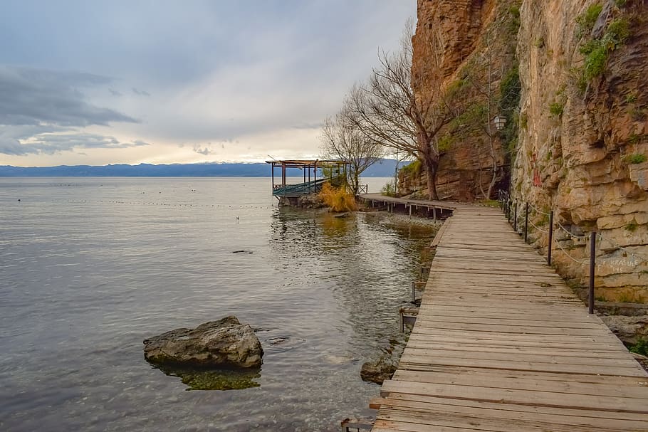 trilha, de madeira, lago, manhã, inverno, paisagem, caminho, lago ohrid, macedônia do norte, água