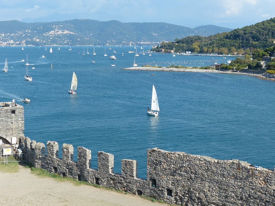 porto venere, castello doria, gulf of la spezia, water, sea, nautical vessel, transportation, mountain, mode of transportation, sailboat