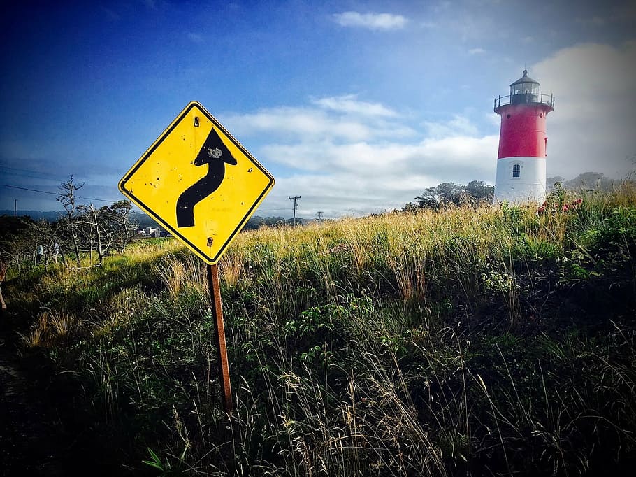 signage, grass field, lighthouse, cape cod, clouds, coat, eat coast, nature, ocean, road