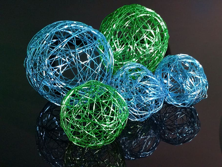 ball, wire, green, light blue, decoration, background, wire mesh, indoors, sphere, still life