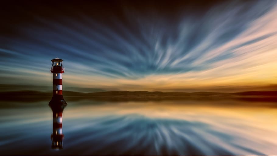 lighthouse, dramatic, sky, sunrise, sunset, clouds, dark, red, whie, stripes