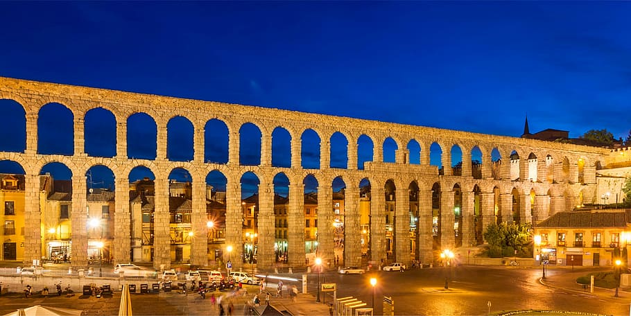 brown concrete bridge, Aqueduct, Roman, Spain, Segovia, Night, roman, spain, water, ancient, architecture